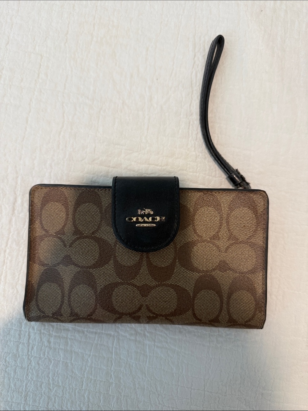 Coach Brown Signature Canvas Wristlet with Black Trim